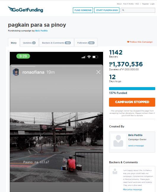 Screenshot of Bela Padilla's Gofundme