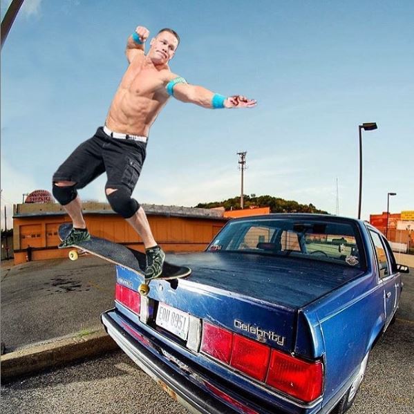 Cena skates crooked grind on a car