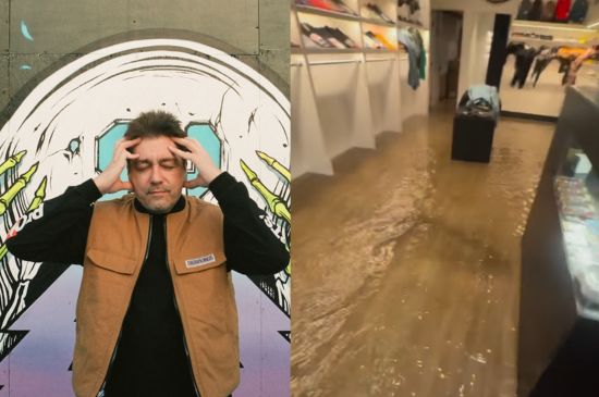 Dom DeLuca flood inside skate shop