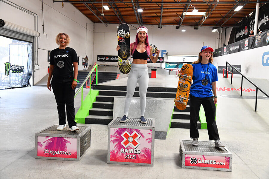 X Games women's skateboard street 2021 winners Leticia Bufoni, Samarria Brevard, Poe Pinson