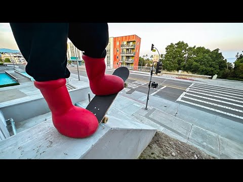 MSCHF's Big Red Boots Skateboarding