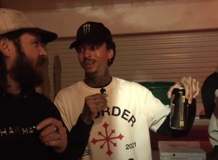 Nyjah Huston talking to skaters